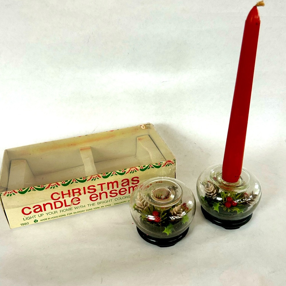 Vintage‎ 80s McCrory Glass Christmas Flower Terrarium Candle Holder Set